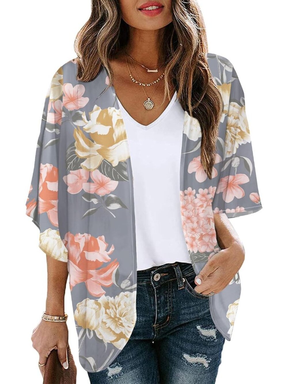 Women's Grey 1 Chiffon Kimono Cardigan Open Front Blouse Swimwear Cover Up